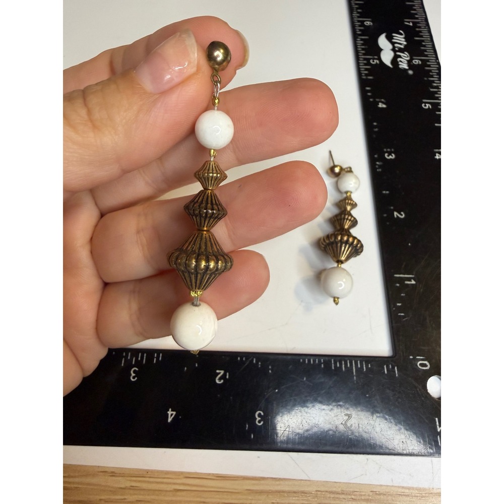 Vintage Brass Tone Milk Glass Bead Drop Earrings White Gold Tone Post Dangle